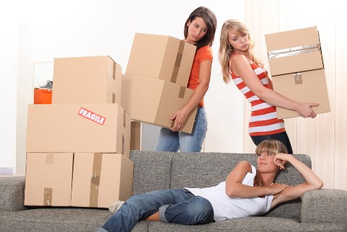 Office boxes and furniture arranged for a Fulham commercial move